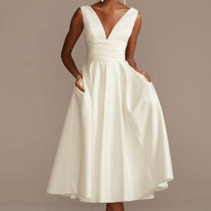 DB David's Bridal Studio Satin V-neck Tea Length A-Line Dress